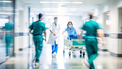 Medizinisches Personal eilt durch einen Krankenhausflur, während eine Pflegekraft ein Patientenbett schiebt.