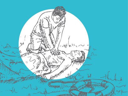 A person is performing CPR on a drowning person